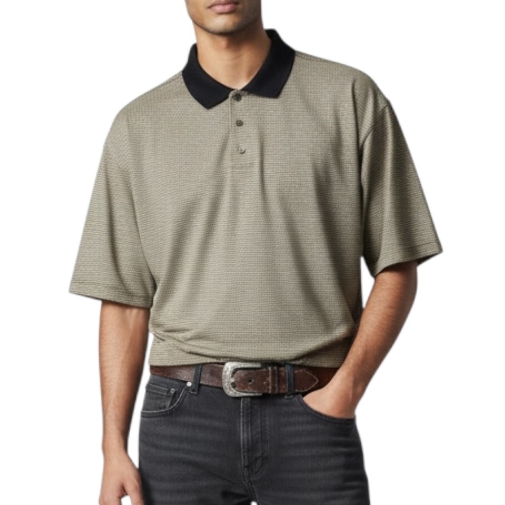 4/$20 NWT Cambridge Classics Black Tan Houndstooth Polo Shirt Mens L 100% Cotton